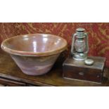 A salt glazed Pancheon; a storm lantern; a sewing box' a plated snuff box (4)