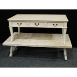 A contemporary painted white coffee table, rectangular top, lyre type end supports, 143cm wide, 77.