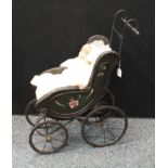 A replica Victorian wicker doll's pram, an Alberon baby doll