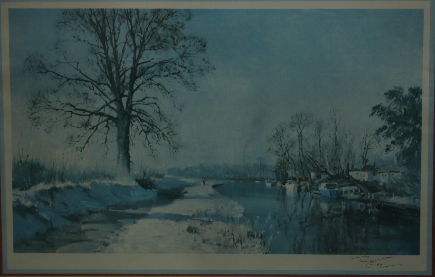 Terence Cuneo, by and after, A Snowy Towpath, Canal scene, signed, colour print, AAB blind stamp, - Image 2 of 3