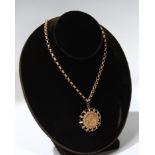 An Elizabeth II gold sovereign 1976, mounted in 9ct gold as a pendant necklace, 29.6g