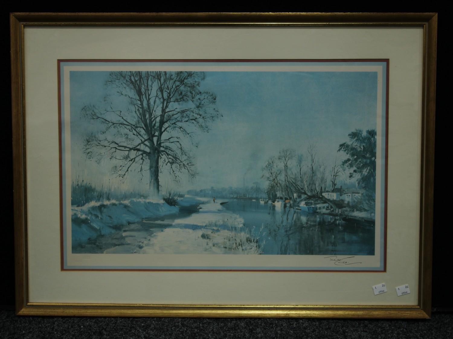 Terence Cuneo, by and after, A Snowy Towpath, Canal scene, signed, colour print, AAB blind stamp,