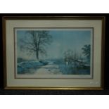 Terence Cuneo, by and after, A Snowy Towpath, Canal scene, signed, colour print, AAB blind stamp,