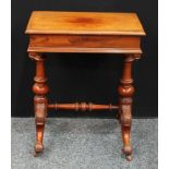 A Victorian mahogany work/sewing table, rectangular hinged top opens to reveal an arrangement of