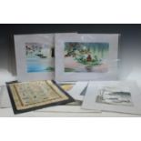 Oriental School (20th century) a set of five water colour gouache silk panels, boats on the,