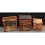 A pine table top collectors cabinet with six trays; another pine table top collectors cabinet and
