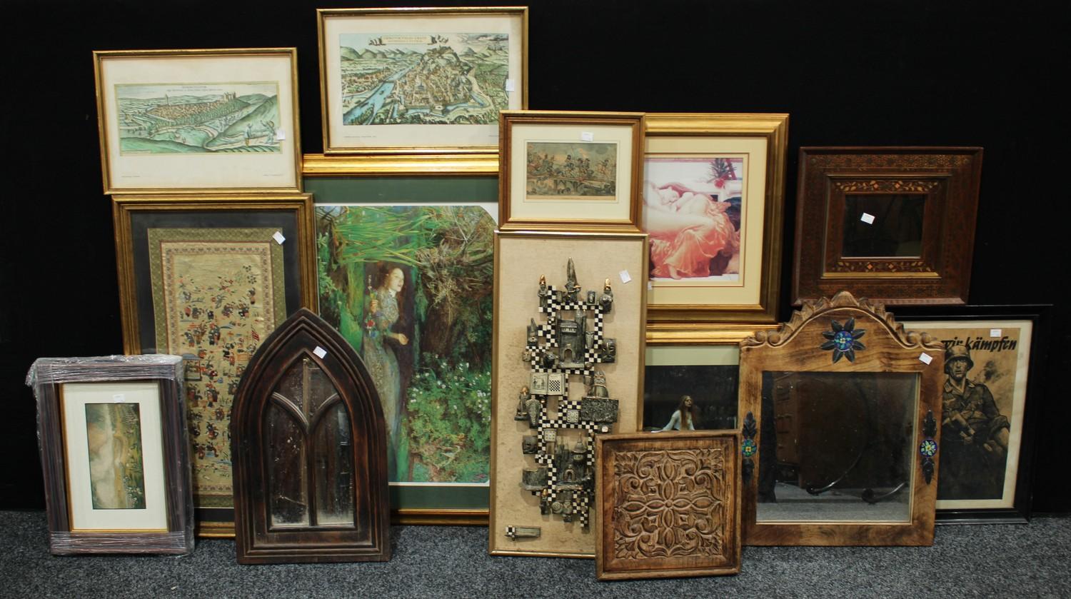 Pictures and prints, some Pre Raphaelite prints of maidens; an oriental silk work panel; mirrors etc