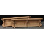 Architectural Salvage - a pair of distressed oak paneled hall shelves, shaped supports, scrolled