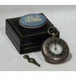 A 19th century continental silver half hunter pocket watch, enamel roman numerals to case, painted