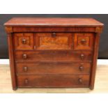 A Victorian mahogany Scottish chest, oversailing top, secret drawer over three short and three