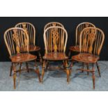 A set of six 19th century oak dining chairs, hooped backs, shaped and pierced splats, saddle