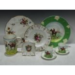 Royal Crown Derby - hunting scene plate, tankard, coffee cans and stands, signed J.Horwich; Posie;