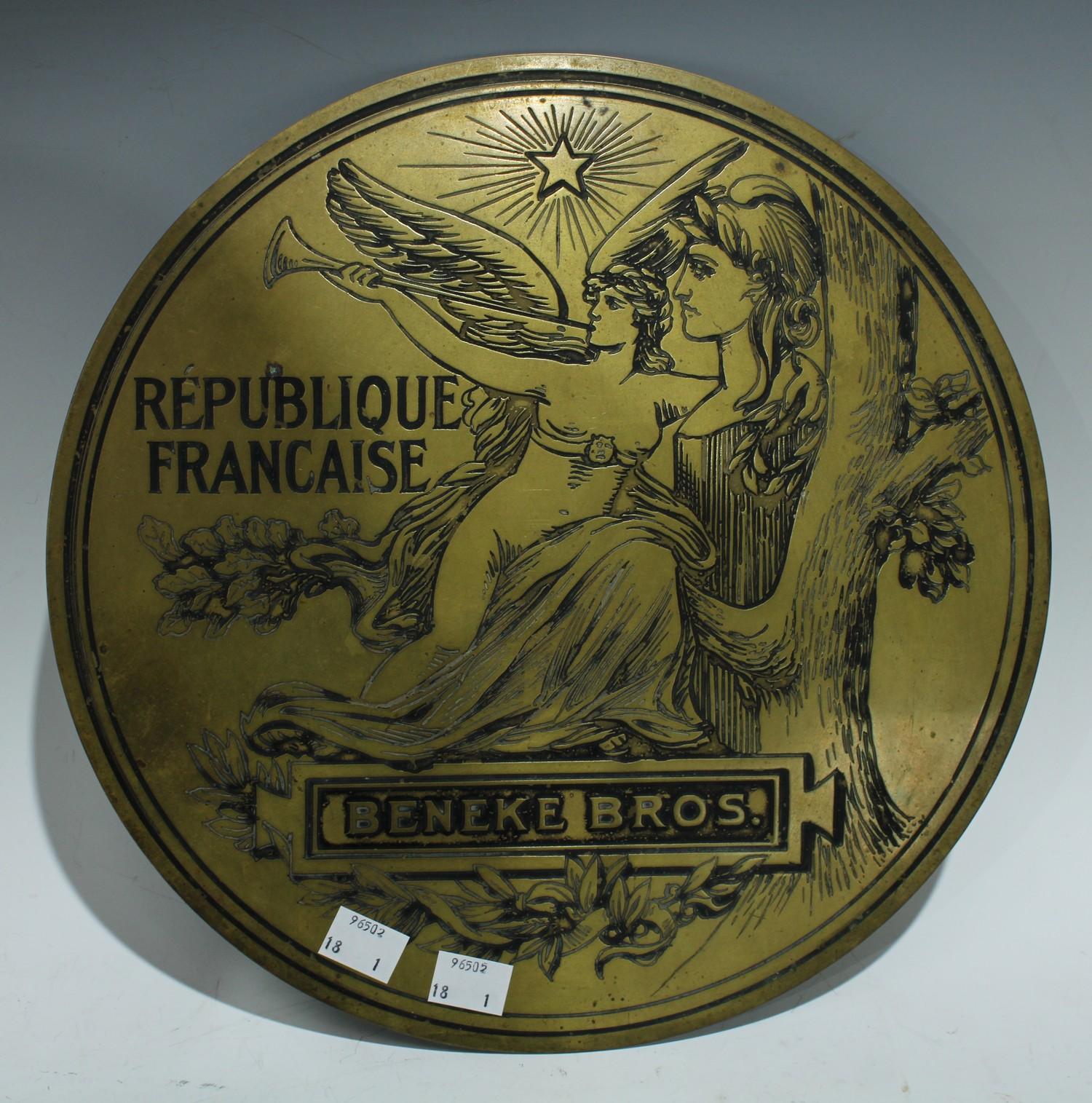 A French brass plaque, Republique Francaise, Beneke Bros, 30cm diameter