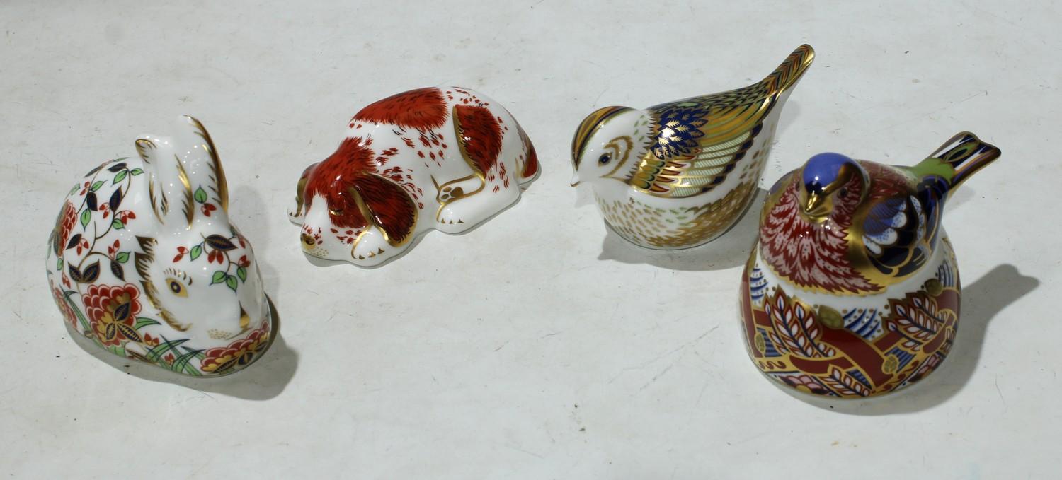 Royal Crown Derby paperweights- Chaffinch Nesting, Meadow Rabbit, Firecrest, Puppy, gold stoppers (