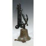 Maritime Interest - a late 19th century verdigris patinated bronze bell, mounted on wrought iron