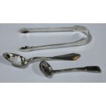 A treffid spoon;a pair of Geo III silver sugar bows; a silver sifting spoon (3)