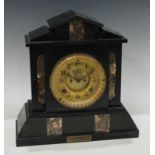 A French slate architectural mantel clock, Ansonia movement, 34cm, key