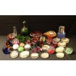 Glassware - a collection of glass paperweights, some in the form of animals; a green glass liquor