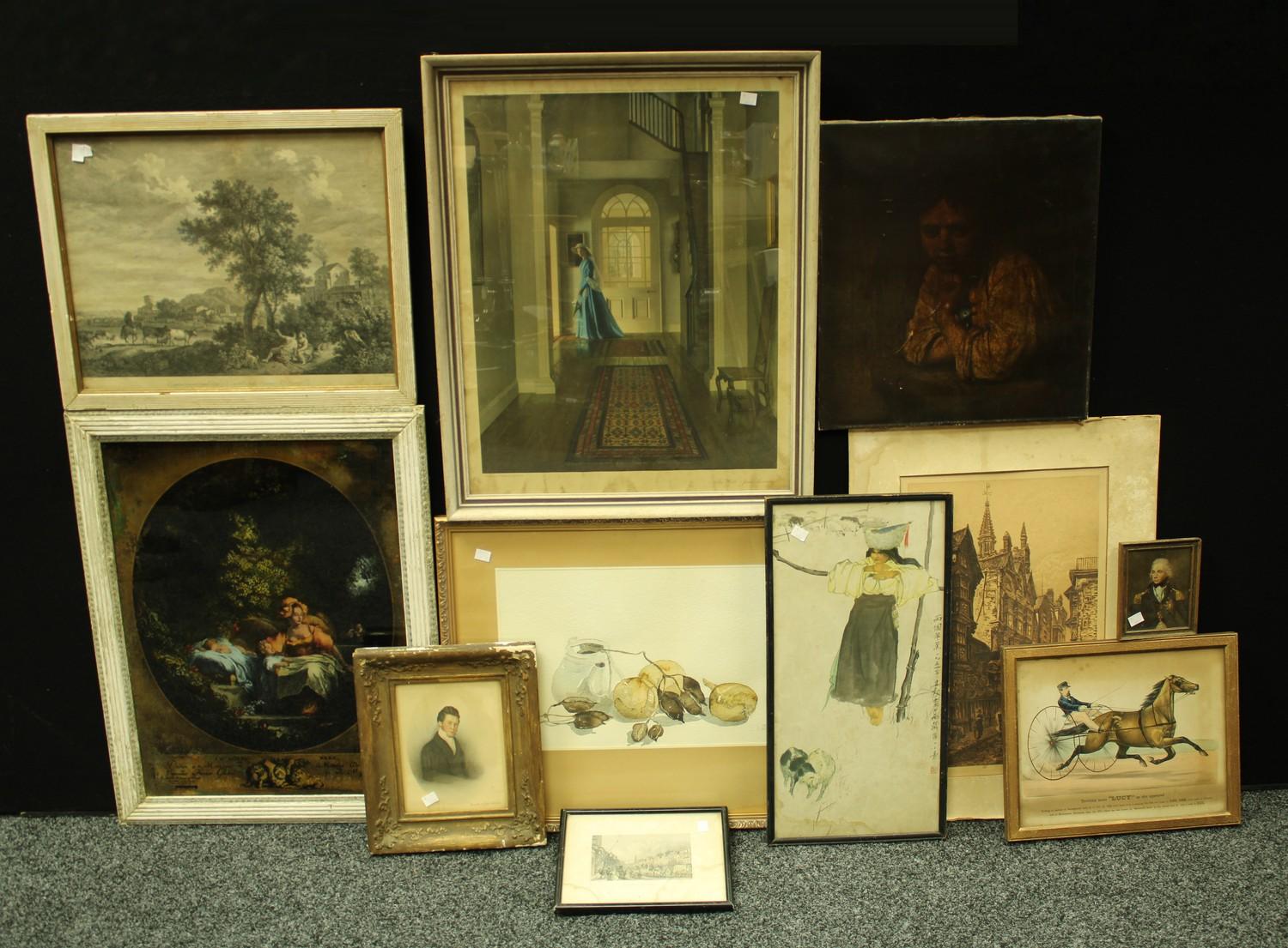 Pictures and Prints - various, a watercolour, Still Life, signed with monogram; a signed etching,