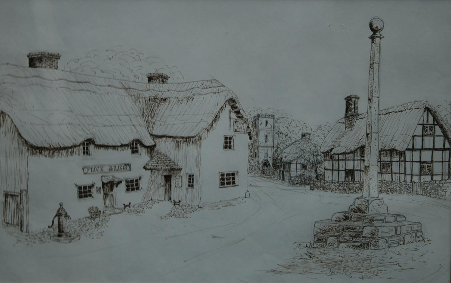 Pictures and Prints - a set of 3 sepia ink village scenes - Image 4 of 4