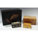 Boxes and objects - an Oriental black lacquered rounded rectangular box; other boxes (4)