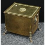 A Regency brass rectangular fire side box, the hinged cover centred with a brass scallop shell in