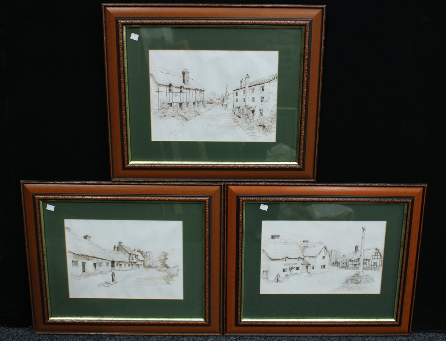 Pictures and Prints - a set of 3 sepia ink village scenes