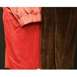 Textiles - a large pink cotton velvet curtain, double width; a pair of brown cotton velvet curtains