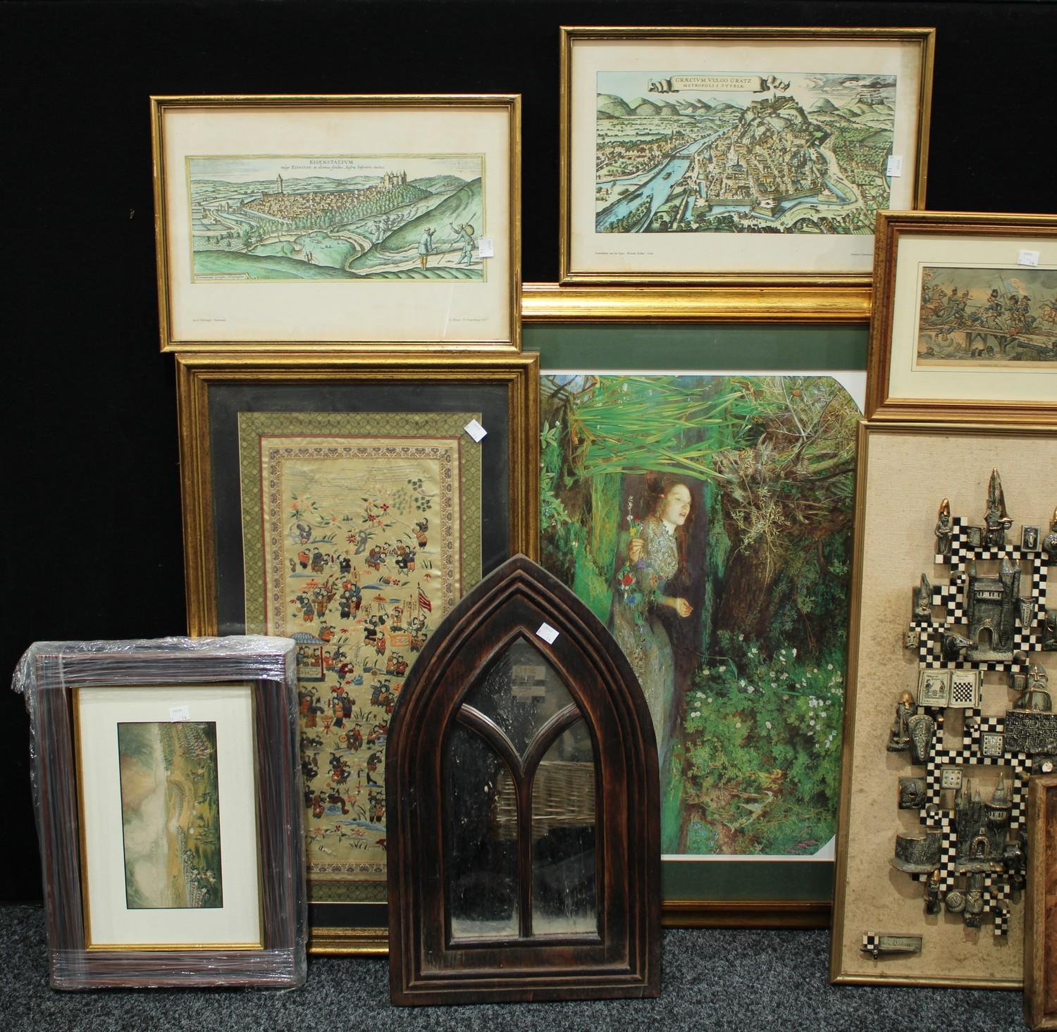 Pictures and prints, some Pre Raphaelite prints of maidens; an oriental silk work panel; mirrors etc - Image 2 of 3