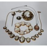 A 9ct gold cameo necklace, bracelet, brooch, silver cameo pendant, pinchbeck and other cameos