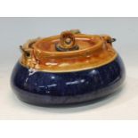 A Lovatts Langley Ware blue and brown glazed oval shaped stoneware hot water bottle, printed mark to
