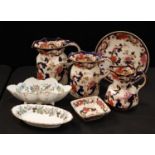 A set of three graduated Mason's Mandalay pattern jugs, plate and trinket dish; an Aynsley