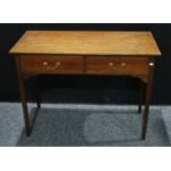 A George III mahogany side table, rectangular top outlined with barber-pole stringing, above two