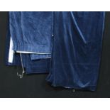 Textiles - a pair of blue cotton velvet curtains; another curtain similar