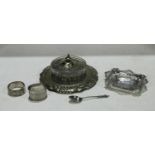 A silver pierced rectangular trinket dish, London, 1899, 12.5cm wide; a silver napkin ring; a silver