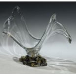 An Italian glass splash vase, Laminato Argento, mounted on plated pedestal cast as Calla Lilies,