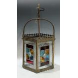 Lighting - an early 20th century stained leaded glass hall lantern, four panels, hanging loop,