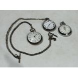 A George VI silver open faced pocket watch, Roman numerals to dial, with Albert chain; a Smiths stop
