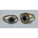 An 18ct gold diamond and sapphire cluster ring, 4g; an 18ct gold diamond and sapphire cluster