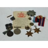 Medals - WWII medals, a silver fob, enamel pin badge, Glasgow Highlanders Light Infantry cap