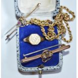 Jewellery - an Edwardian seed pearl inset 9ct gold bar brooch; another pink stone; 9ct gold rope