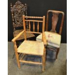 A Victorian oak side chair, heavily carved back, carved seat, H stretcher, c.1880; a Country