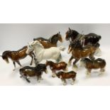 Beswick horses - cantering Shire, grey gloss; other, brown Shetland pony, standing Shires; others,