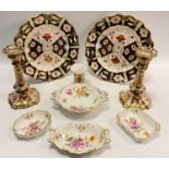Royal Crown Derby wavy edge silver jubilee plates; two 2451 candlesticks (af); miniature flared