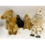 Toys - a mohair teddy bear, squirrel, cat; a porcelain doll (4)