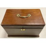 A Victorian mahogany three compartment tea caddy, brass swing handle; another single compartment tea