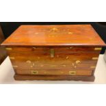 An rectangular brass inlaid sewing chest work box, floral inlaid hinged top, removable interior tray