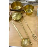 Two late victorian brass pans, chestnut roaster, ladle and toasting fork