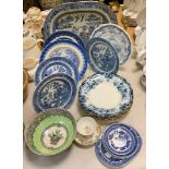 A Willow pattern Blue and White meat plate, dinner plates, soup bowls, a Newhall pedestal bowl etc