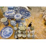 Blue and White and Cut Glass - Spode Italian pattern including a soup tureen cover and ladle;